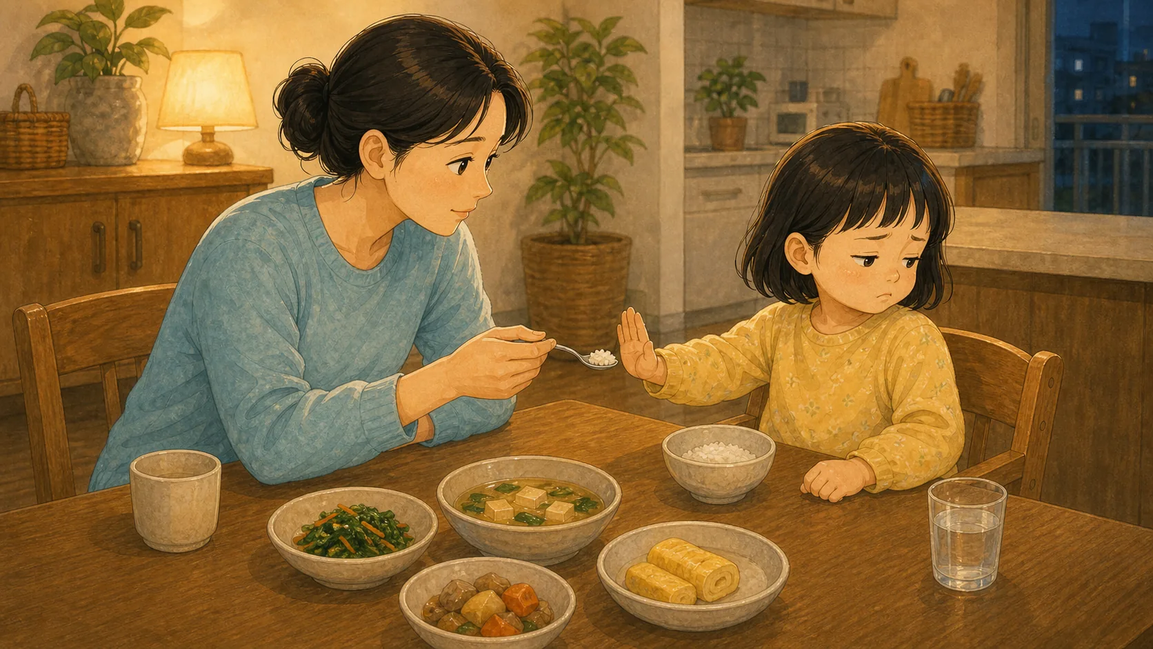밥상 앞 실랑이가 반복되는 집에서 바꿔볼 것 내용을 보여주는 따뜻한 가족 일러스트