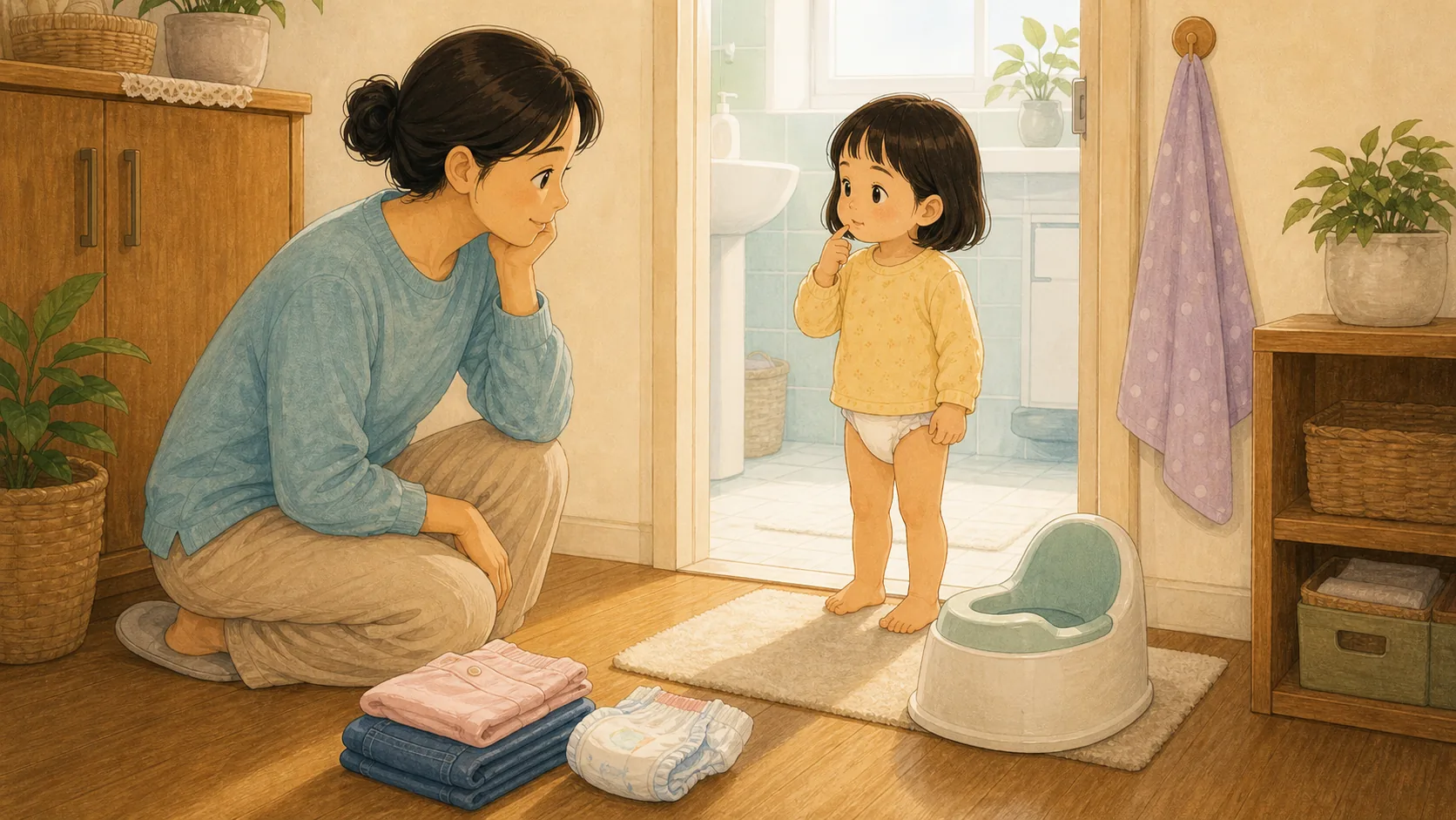 배변 훈련을 시작하기 전 아이에게 보이는 작은 신호들 내용을 보여주는 따뜻한 가족 일러스트