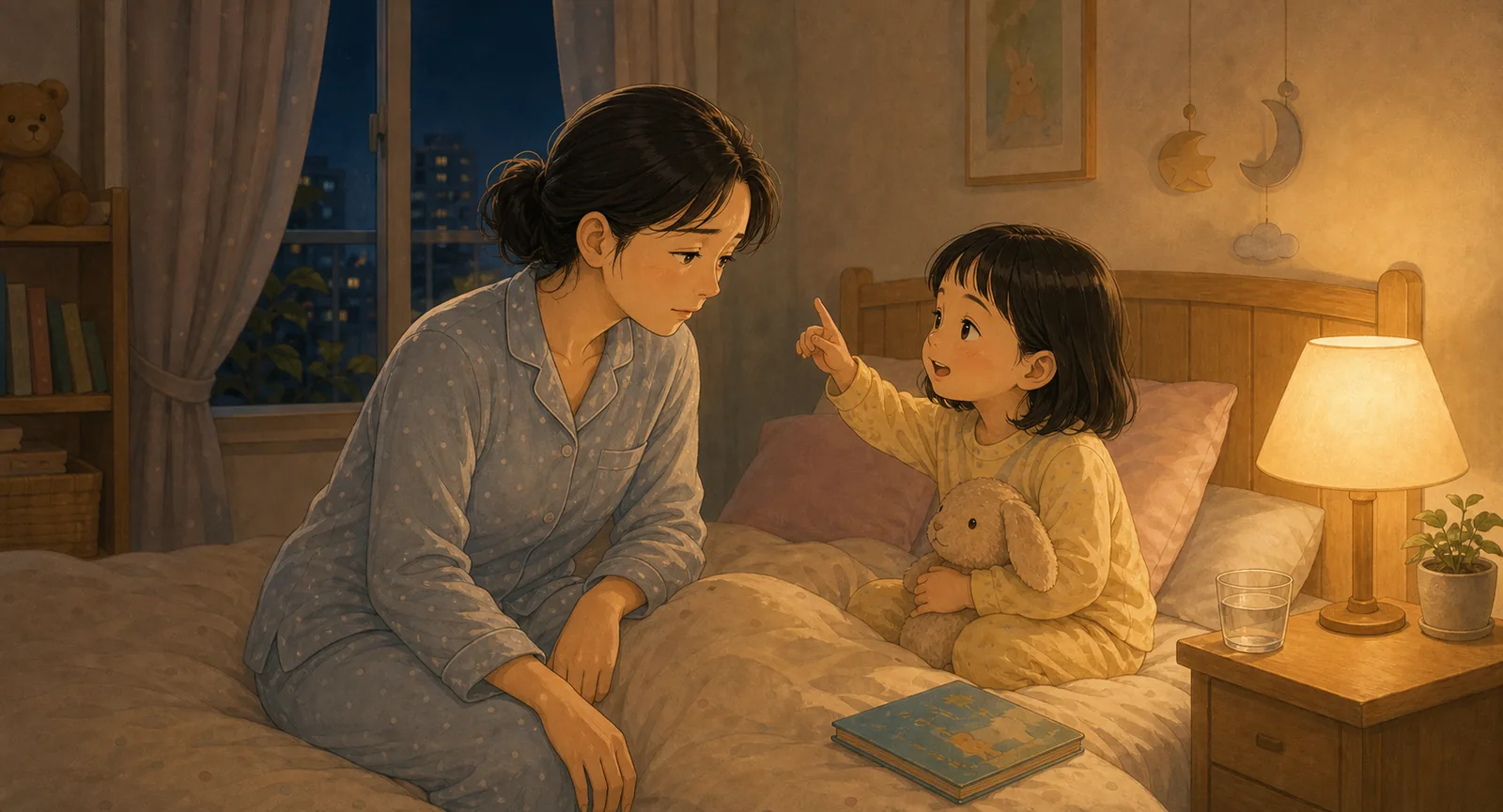 잠들기 전 30분이 매일 길어지는 집이라면 내용을 보여주는 따뜻한 가족 일러스트