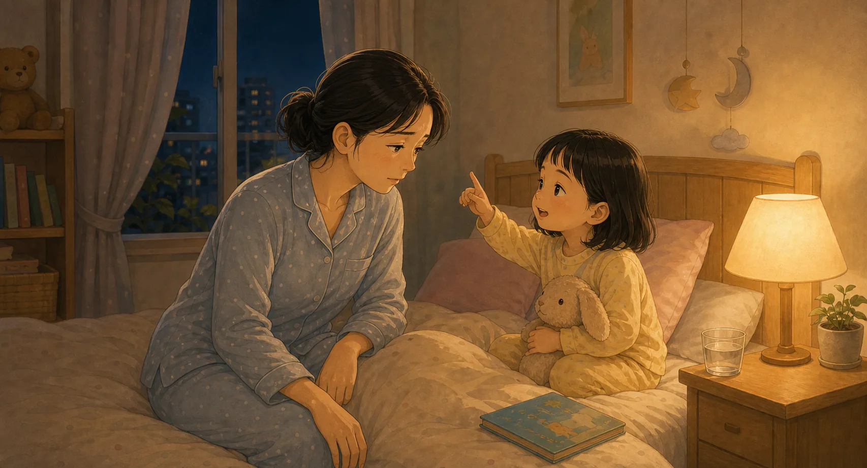 잠들기 전 30분이 매일 길어지는 집이라면 내용을 보여주는 따뜻한 가족 일러스트