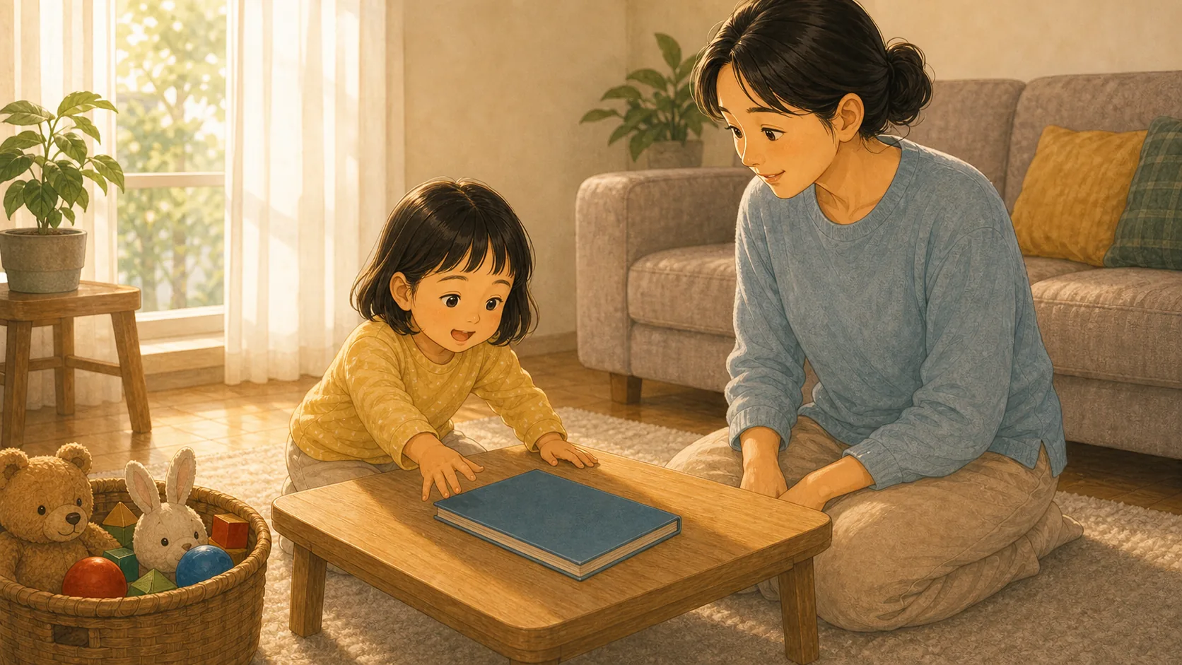 책을 많이 읽히려 하기 전에 한 권만 잘 보이게 내용을 보여주는 따뜻한 가족 일러스트
