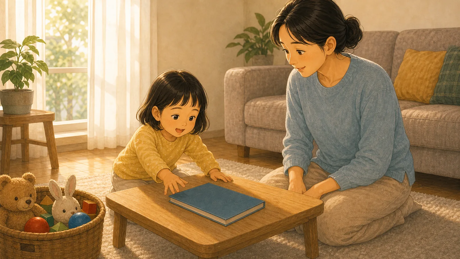 책을 많이 읽히려 하기 전에 한 권만 잘 보이게 내용을 보여주는 따뜻한 가족 일러스트