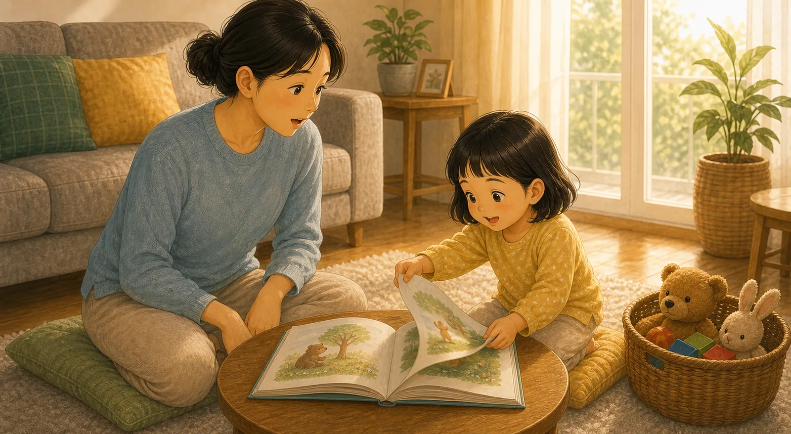 그림책을 자꾸 넘기는 아이와 편하게 읽는 법 내용을 보여주는 따뜻한 가족 일러스트