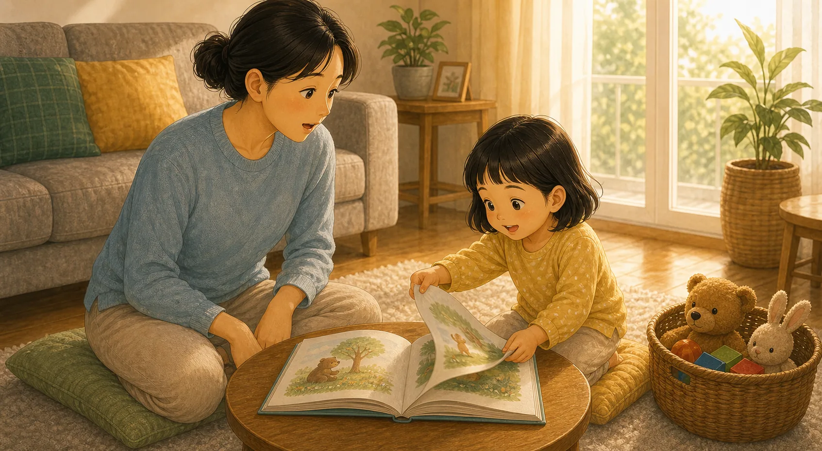 그림책을 자꾸 넘기는 아이와 편하게 읽는 법 내용을 보여주는 따뜻한 가족 일러스트