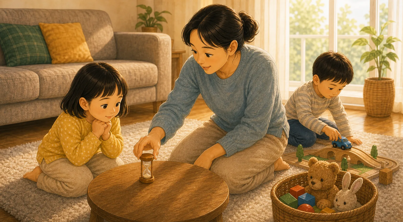기다리는 일이 어려운 아이에게 필요한 1분 내용을 보여주는 따뜻한 가족 일러스트