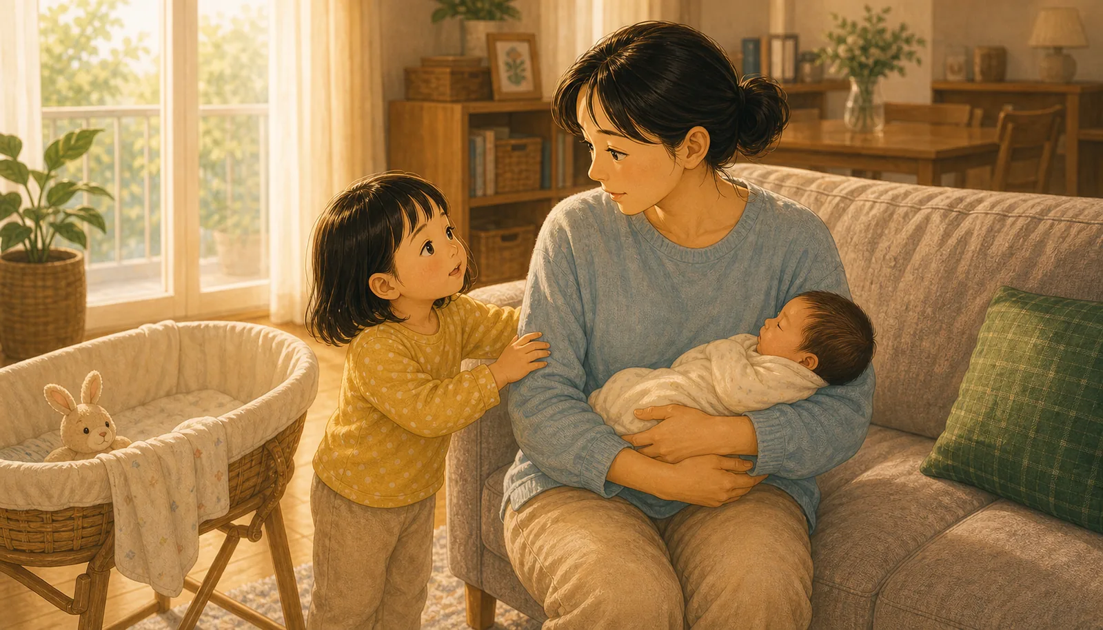동생이 태어난 뒤 큰아이가 달라져 보일 때 내용을 보여주는 따뜻한 가족 일러스트