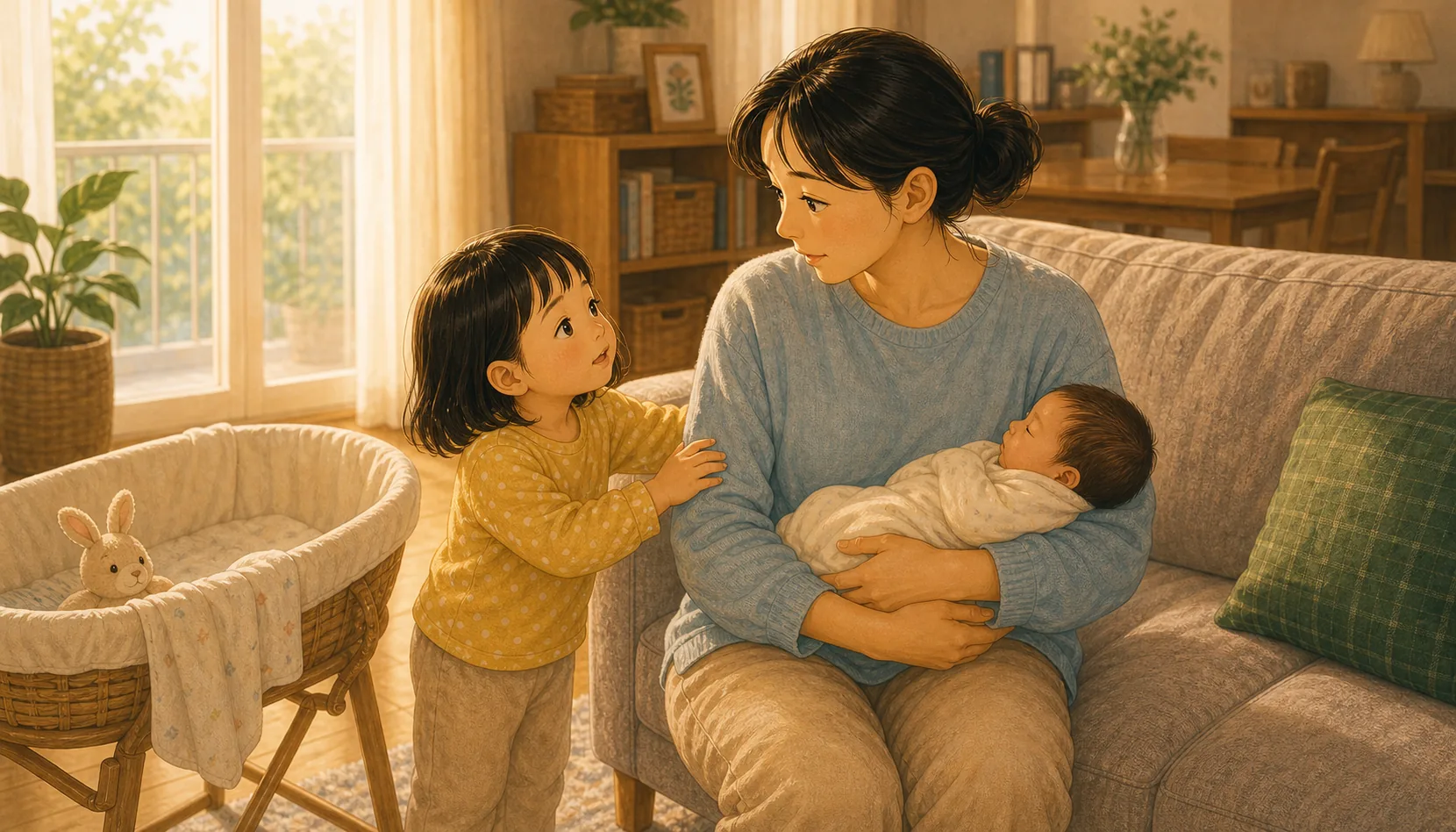 동생이 태어난 뒤 큰아이가 달라져 보일 때 내용을 보여주는 따뜻한 가족 일러스트