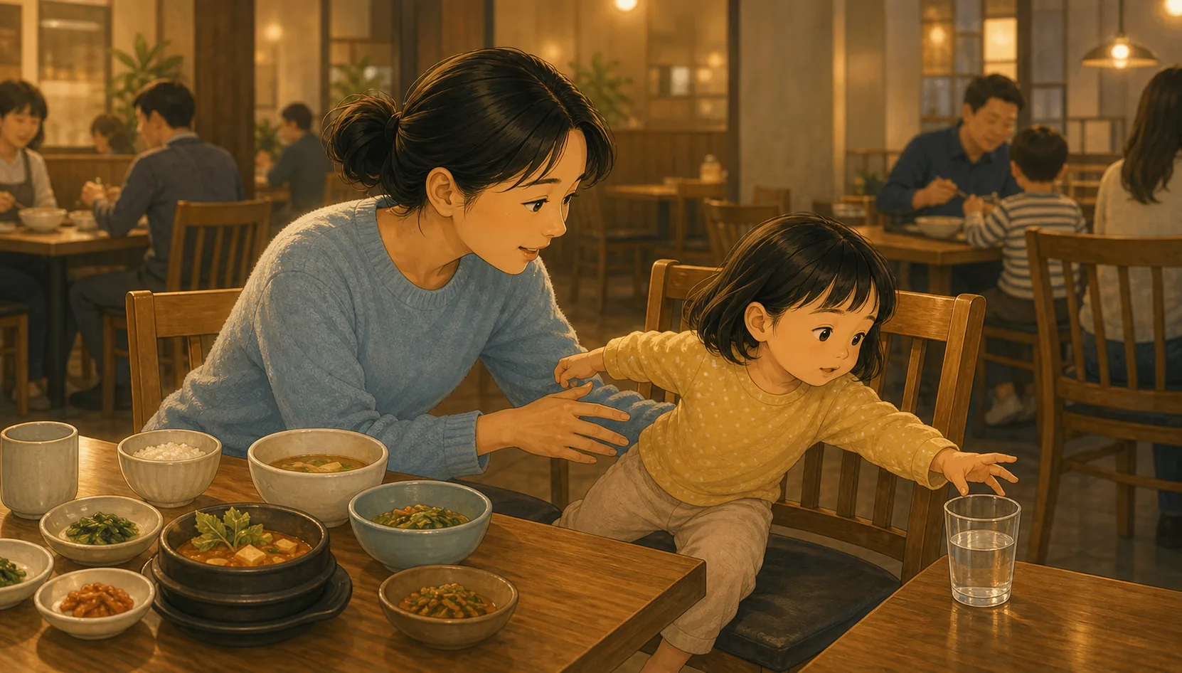 식당 의자에서 자꾸 내려오는 아이와 외식하기 내용을 보여주는 따뜻한 가족 일러스트