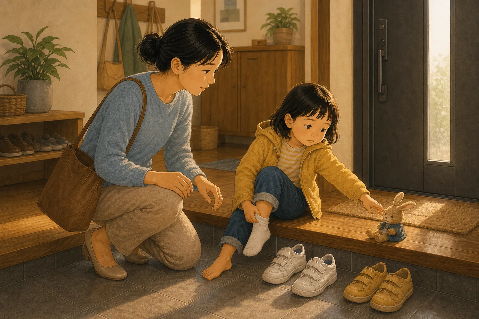 신발 앞에서 멈추는 아이와 덜 다투려면 내용을 보여주는 따뜻한 가족 일러스트