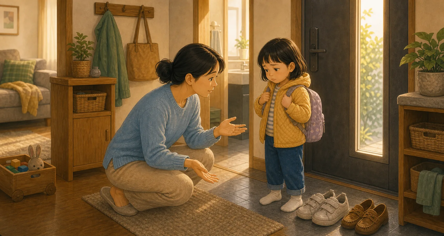 어린이집 가기 싫다는 아침, 길게 묻지 않아도 된다 내용을 보여주는 따뜻한 가족 일러스트