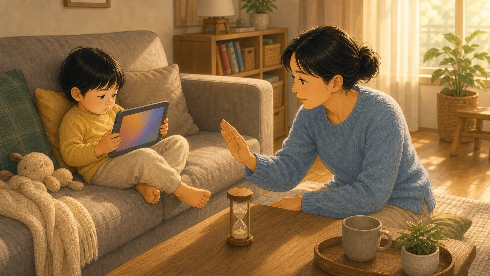 영상 한 편만 보기로 했는데 늘 두 편이 되는 집에서 내용을 보여주는 따뜻한 가족 일러스트