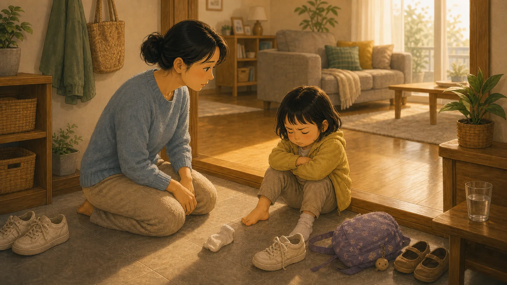 하원 후 짜증이 집에서 터지는 아이에게 필요한 시간 내용을 보여주는 따뜻한 가족 일러스트