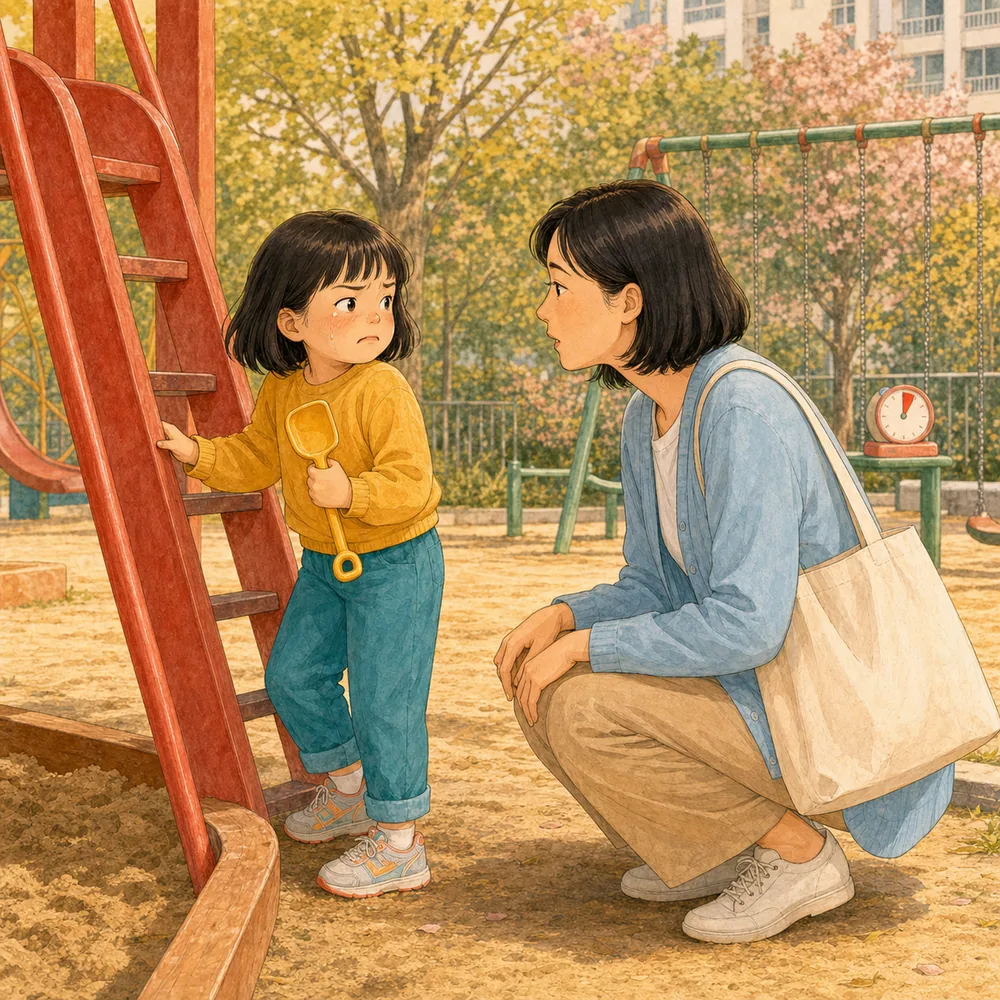 갑자기 끝난 놀이는 더 놓기 어렵다. 아이에게는 집에 가는 일보다 하던 놀이가 갑자기 끊기는 느낌이 먼저일 수 있습니다. 멀리서 여러 번 부르기보다 가까이 가서 끝이 오는 걸 알려주세요. 내용을 보여주는 요약 카드 일러스트