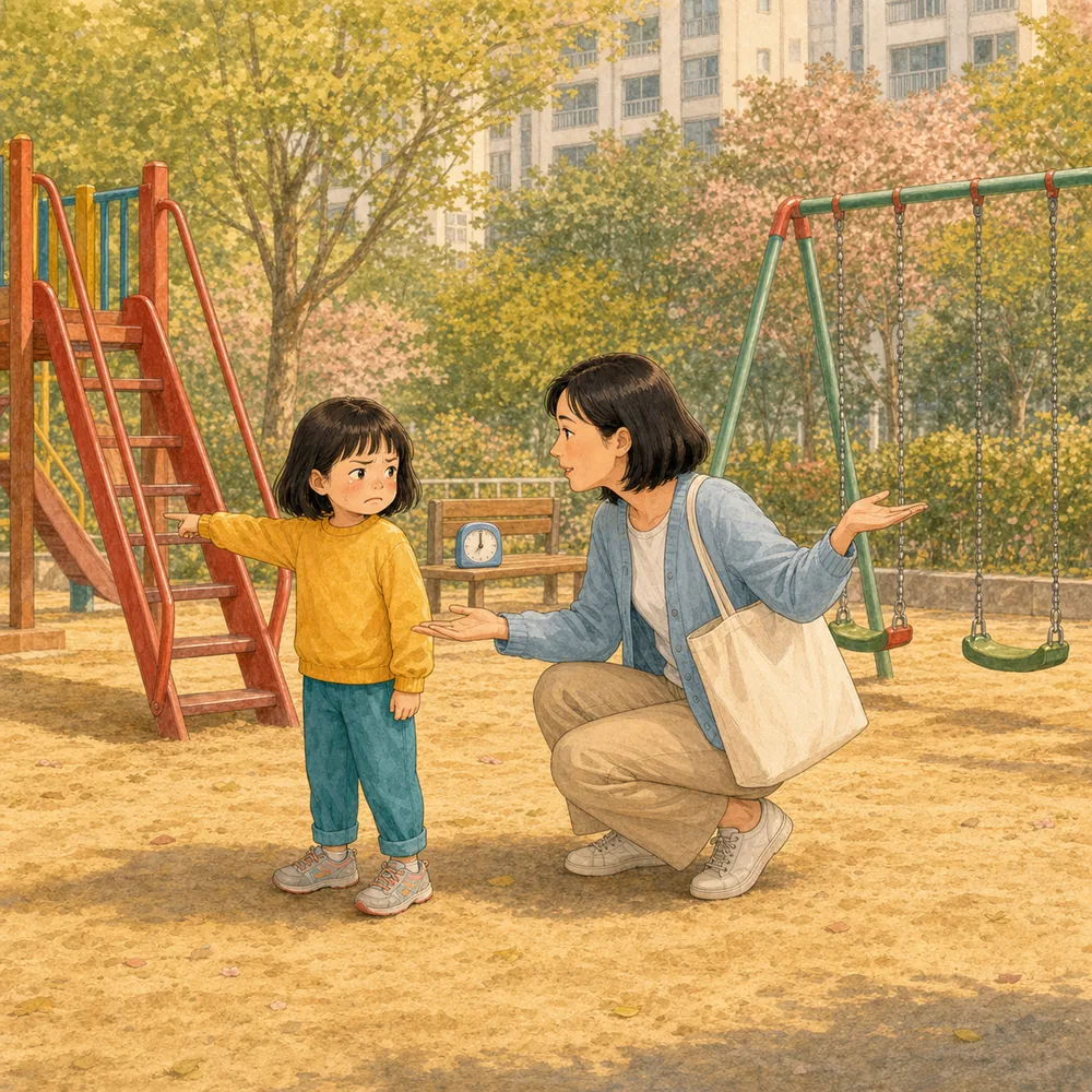 5분 전에는 마지막 놀이를 고르게. 떠날지는 부모가 정하고, 아이는 미끄럼틀 한 번과 그네 다섯 번 중 마지막 놀이만 고릅니다. 선택이 끝나면 귀가 시간을 다시 협상하지 않습니다. 내용을 보여주는 요약 카드 일러스트