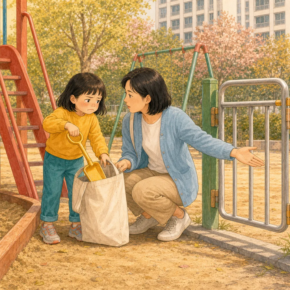 집에 가자는 말 뒤에는 행동 하나. “정리하고 신발 털고 물병 챙겨”보다 “삽을 바구니에 넣어줘”부터 말합니다. 끝나면 “물병 들고 문까지 걷자”로 다음 행동 하나만 이어주세요. 내용을 보여주는 요약 카드 일러스트
