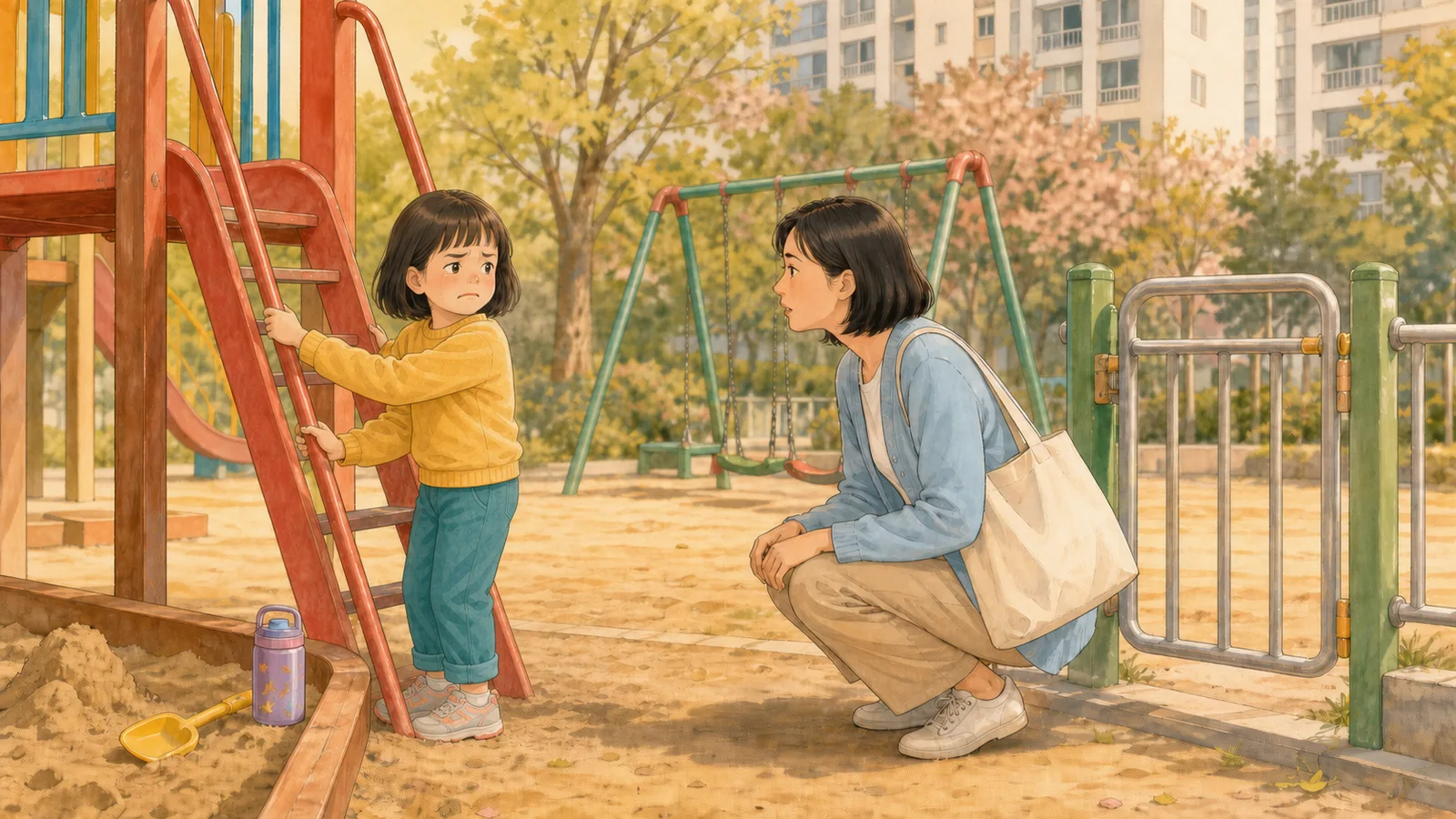놀이터에서 집으로 돌아오는 5분이 매번 길어진다면 내용을 보여주는 따뜻한 가족 일러스트