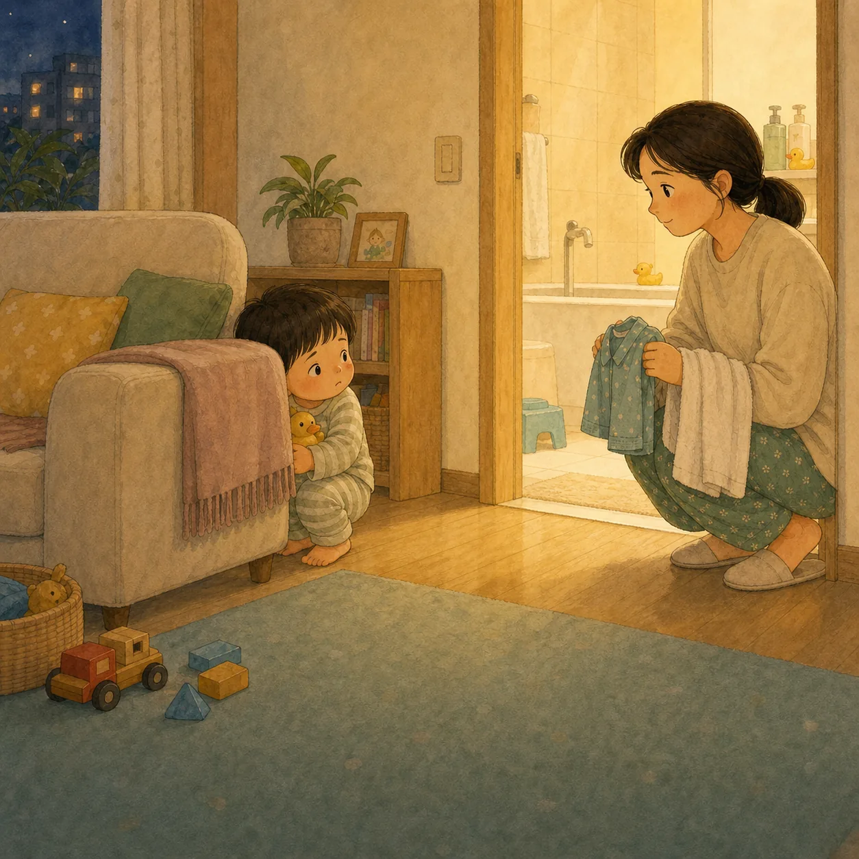 목욕하자고 하면 도망가는 아이, 순서를 작게 줄이는 밤 요약 카드 표지 일러스트