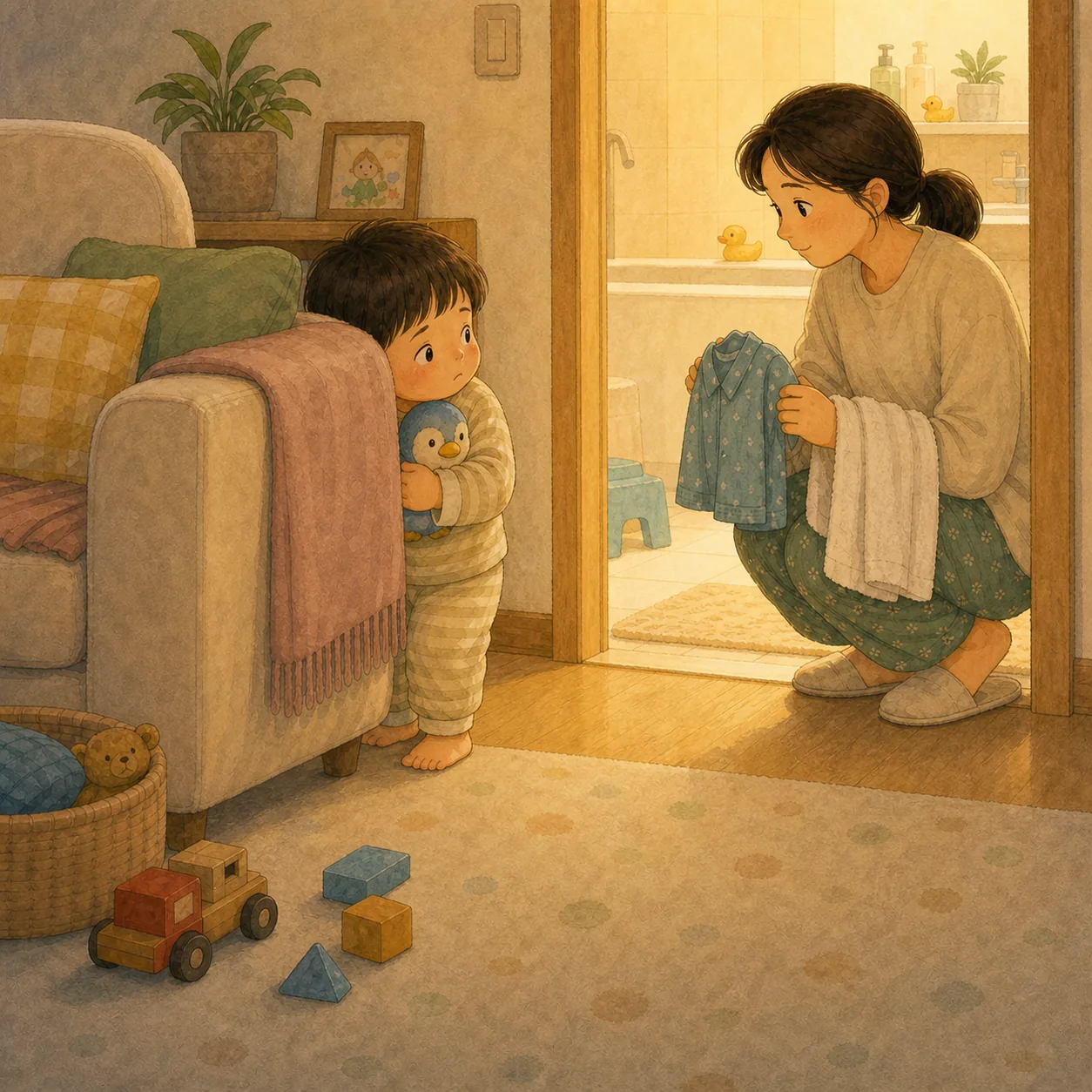 목욕 싸움은 물보다 시작에서 커진다. 아이에게 목욕은 물에 들어가는 일보다 놀던 흐름을 끊는 일일 수 있습니다. 거실에서 욕실까지 가는 첫 단계를 작게 만들어야 해요. 내용을 보여주는 요약 카드 일러스트