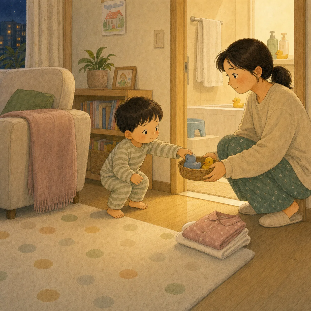 욕실에 가기 전 할 일을 하나만 남기기. “정리하고, 옷 벗고, 씻자”를 한꺼번에 말하면 멈출 곳이 많아집니다. 먼저 목욕 장난감 하나 고르기처럼 몸이 움직일 일을 줍니다. 내용을 보여주는 요약 카드 일러스트