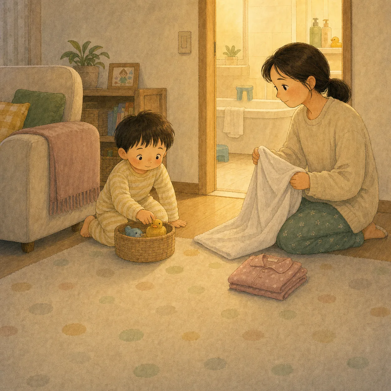 끝나는 순서까지 짧게 정하기. 나오기 싫어하는 아이에게는 “물 빼기, 수건, 잠옷”처럼 마지막 세 단어를 반복합니다. 끝이 보여야 다음 목욕도 덜 버겁습니다. 내용을 보여주는 요약 카드 일러스트