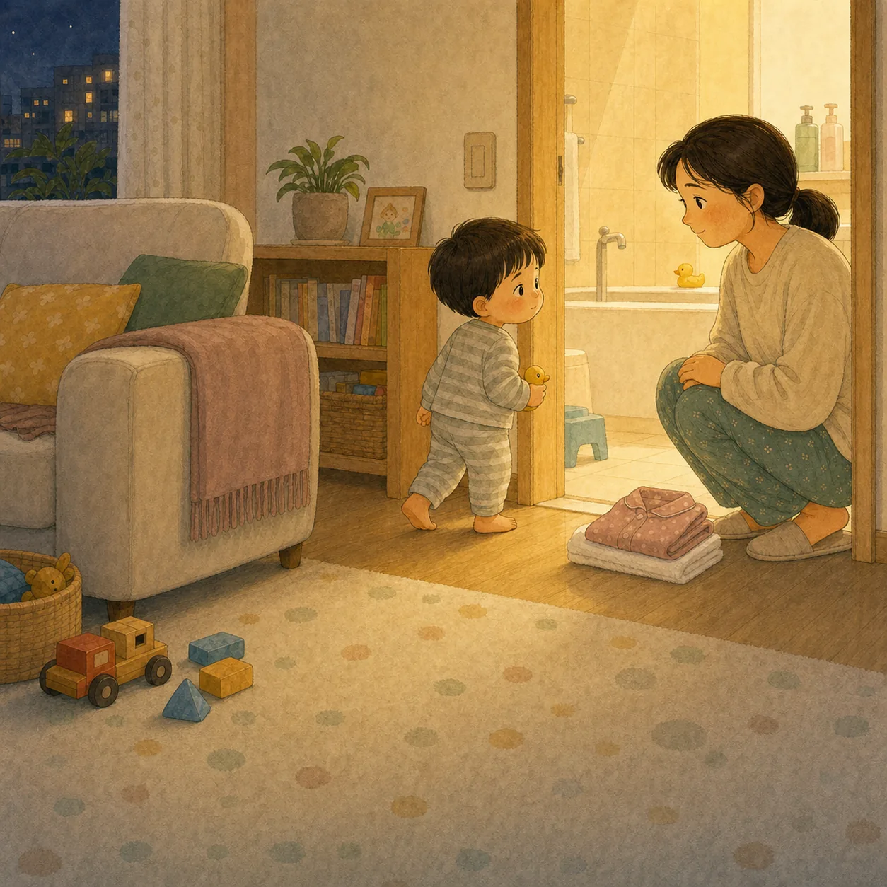 목욕하자고 하면 도망가는 아이, 순서를 작게 줄이는 밤 저장 포인트 일러스트