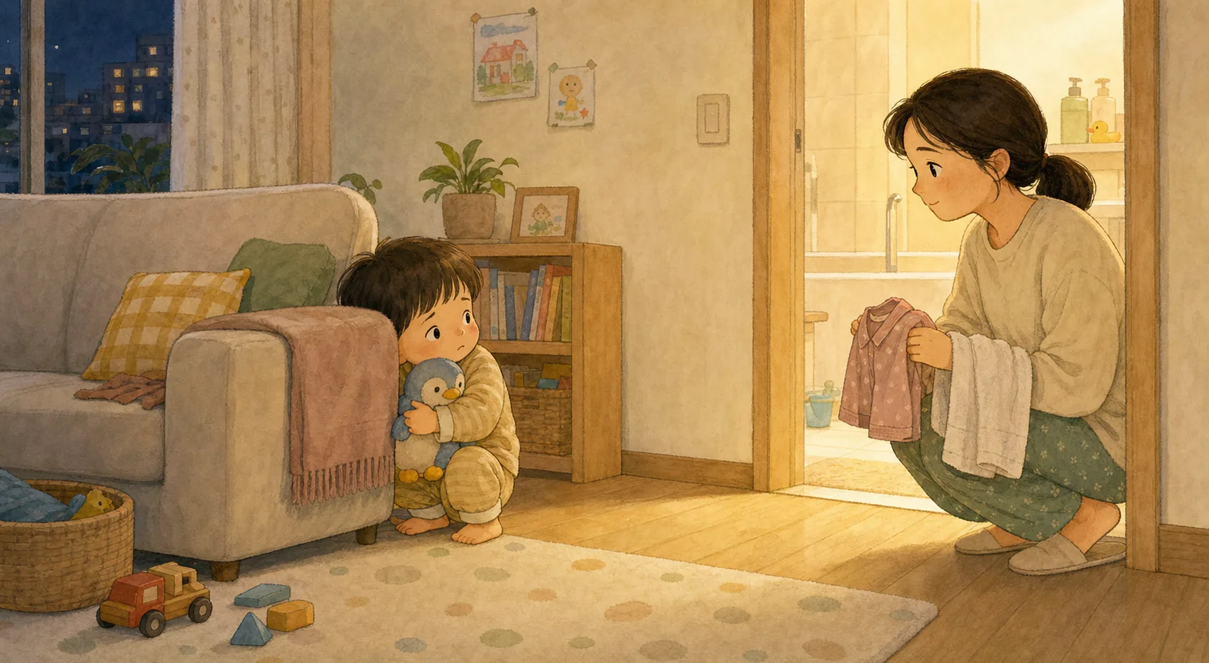 목욕하자고 하면 도망가는 아이, 순서를 작게 줄이는 밤 내용을 보여주는 따뜻한 가족 일러스트