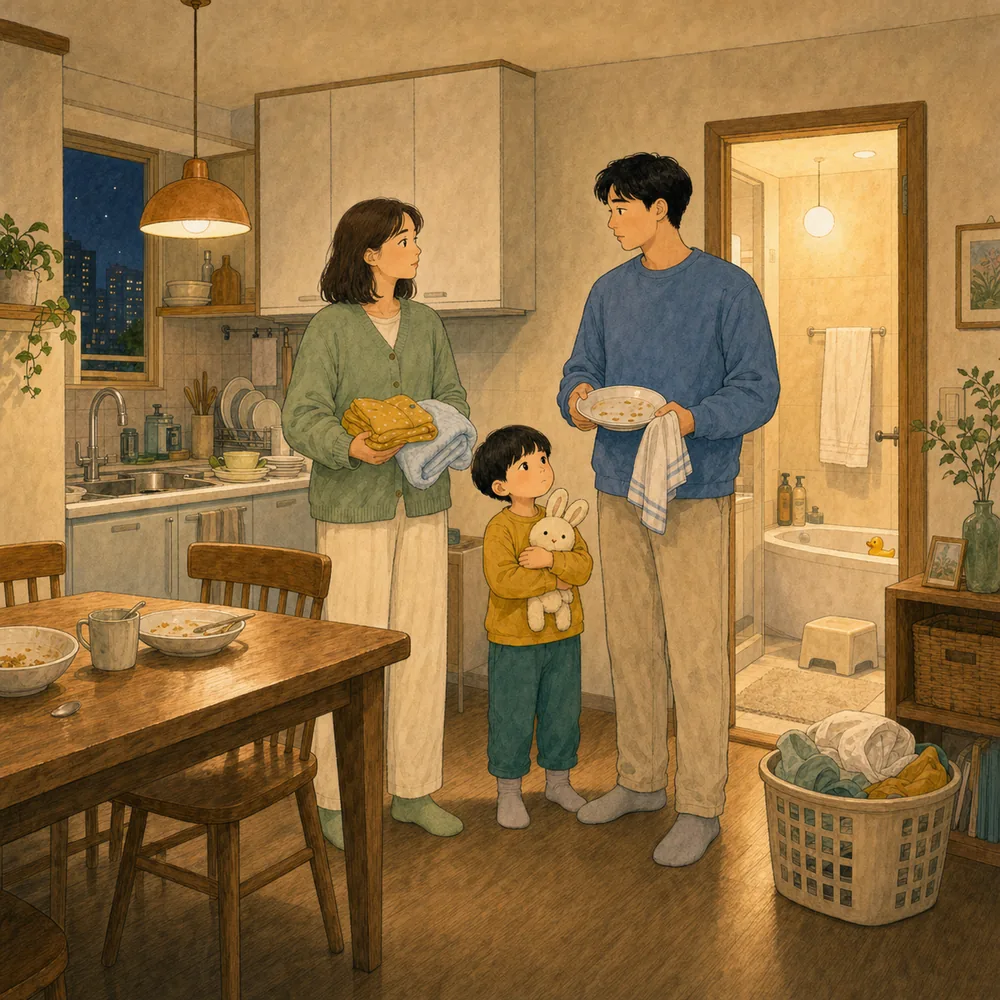 식사·목욕·설거지가 한 사람에게 몰리는 저녁 요약 카드 표지 일러스트