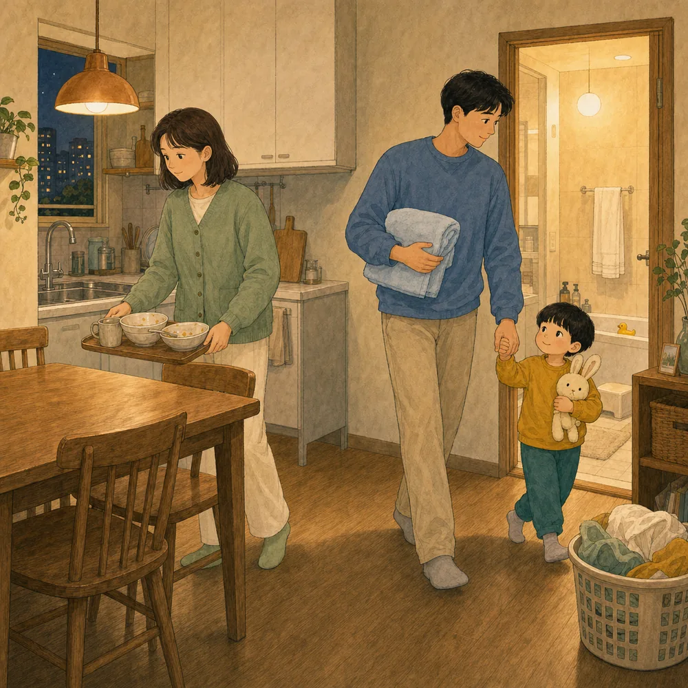 사람이 아니라 한 구간을 건네기. “당신은 아이 봐”보다 “내가 식탁 치우는 동안 목욕 준비를 맡아줘”처럼 시작과 끝이 보이는 일 하나를 말합니다. 내용을 보여주는 요약 카드 일러스트