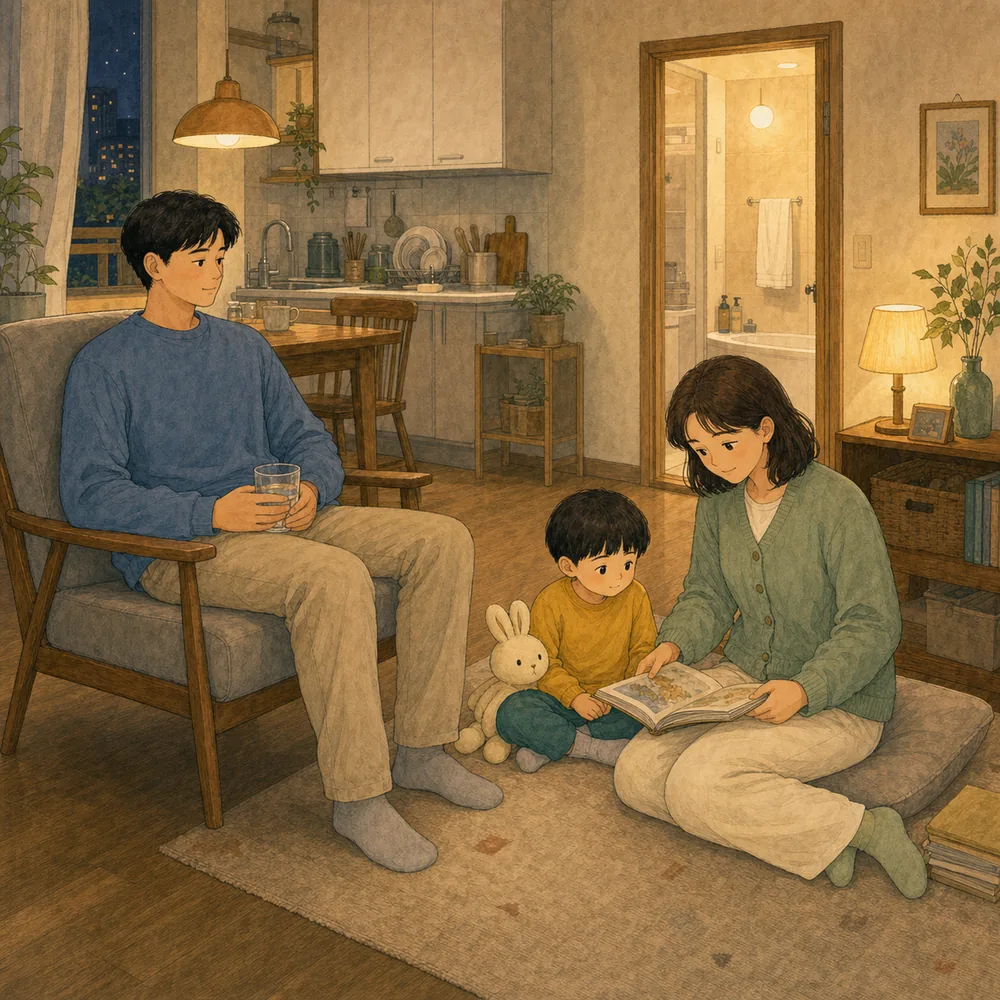 쉬는 15분도 순서에 넣기. 집안일이 모두 끝난 뒤를 기다리면 쉴 시간은 잘 오지 않습니다. 다른 어른이 아이를 돌보는 동안 15분씩 번갈아 쉬는 시간을 먼저 정해두세요. 내용을 보여주는 요약 카드 일러스트