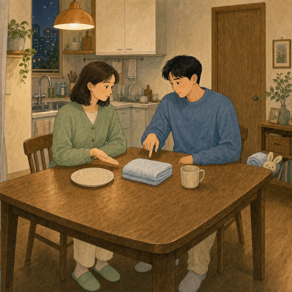 밤에는 계산보다 내일 바꿀 한 가지만. 지친 밤에 누가 더 많이 했는지 따지기보다, 내일도 같은 구간을 맡을지 한 가지만 확인합니다. 맞지 않았다면 다음 저녁에 일 하나만 바꿉니다. 내용을 보여주는 요약 카드 일러스트
