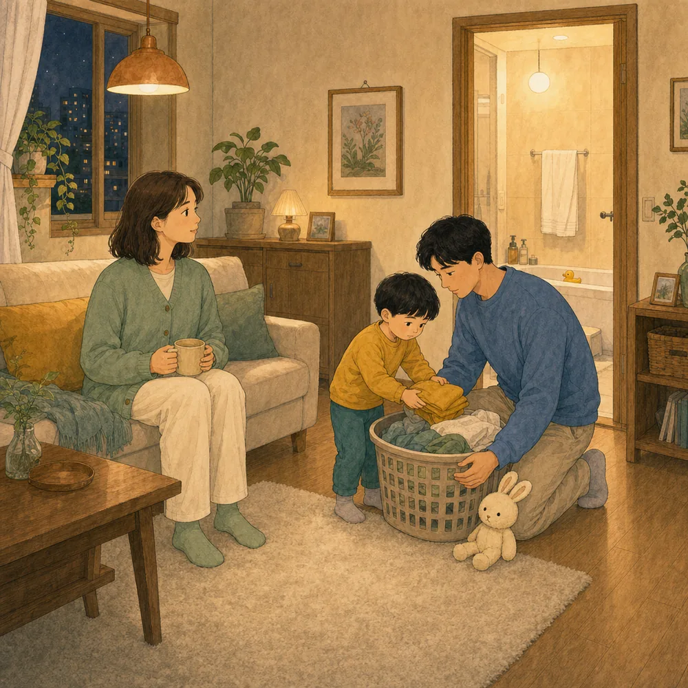 식사·목욕·설거지가 한 사람에게 몰리는 저녁 저장 포인트 일러스트