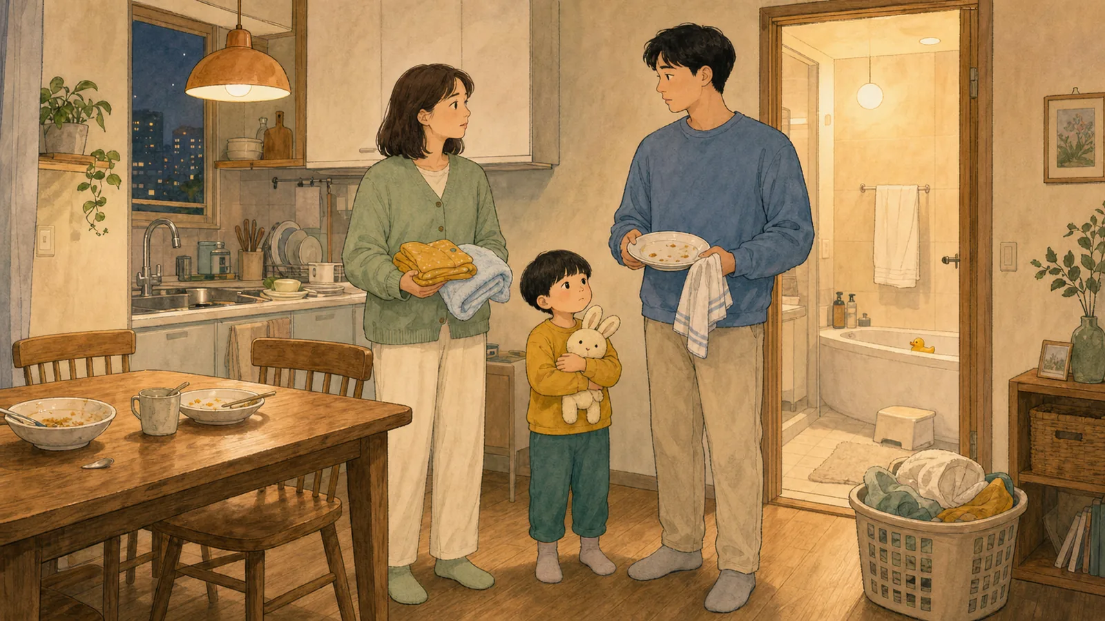 식사·목욕·설거지가 한 사람에게 몰리는 저녁 내용을 보여주는 따뜻한 가족 일러스트