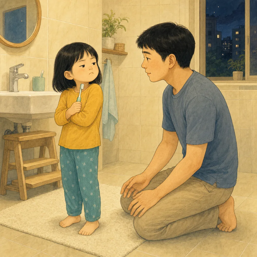 칫솔만 보면 입을 다무는 아이와 양치하는 밤 요약 카드 표지 일러스트
