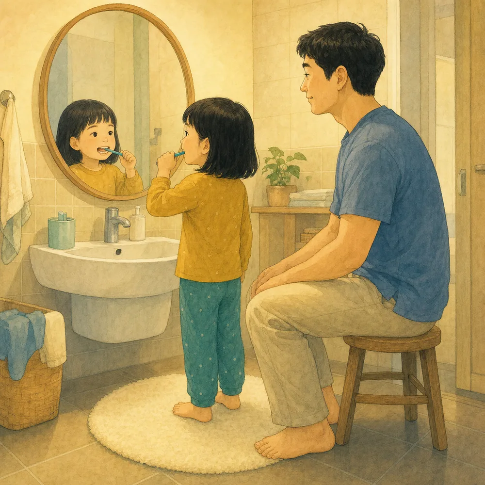 혼자 쥐어도 마무리는 아직 어른 차례. 칫솔을 직접 잡게 하되 어금니 안쪽까지 모두 맡기지는 마세요. 유아기에는 아이가 먼저 닦고 보호자가 마지막 차례를 맡는 편이 현실적입니다. 내용을 보여주는 요약 카드 일러스트