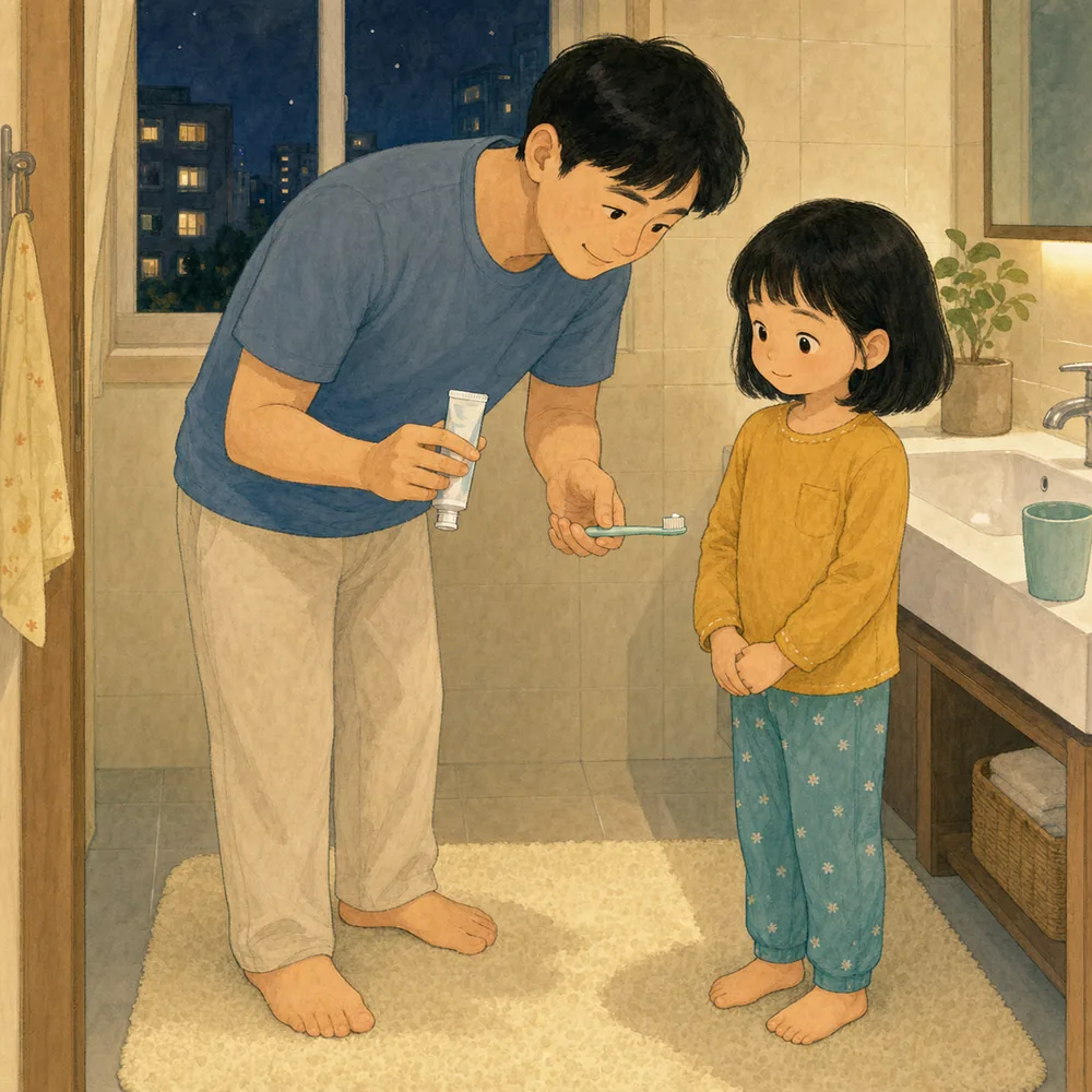 치약은 아이가 잡기 전에 작게. 불소치약은 만 3세 미만이면 쌀알 한 톨만큼 얇게, 만 3~6세면 완두콩만큼만 부모가 짭니다. 치약 튜브는 다시 아이 손이 닿지 않는 곳에 둡니다. 내용을 보여주는 요약 카드 일러스트