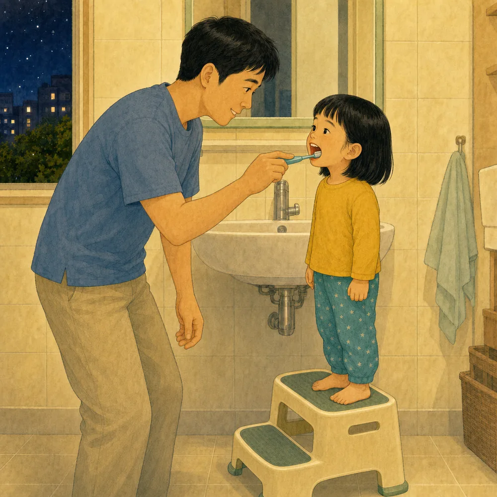 “네가 먼저, 내가 마지막” 두 차례로. 아이에게 앞니를 닦을 첫 차례를 주고, 끝나면 칫솔 손잡이를 부모에게 건네게 합니다. 부모는 어금니 안쪽과 바깥쪽을 짧게 마무리합니다. 내용을 보여주는 요약 카드 일러스트