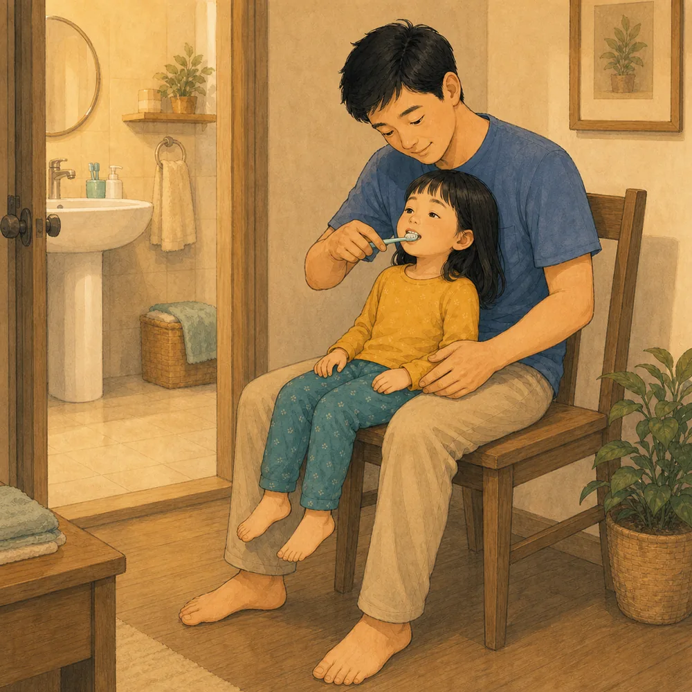 몸이 흔들리면 자리를 바꾸기. 세면대 앞에서 계속 피한다면 부모 무릎이나 부드러운 매트처럼 머리가 받쳐지는 자리로 옮겨보세요. 쫓아다니며 닦기보다 몸이 안정된 곳에서 짧게 끝냅니다. 내용을 보여주는 요약 카드 일러스트