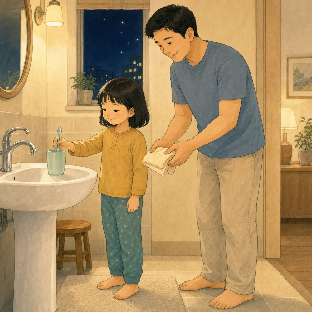 칫솔만 보면 입을 다무는 아이와 양치하는 밤 저장 포인트 일러스트