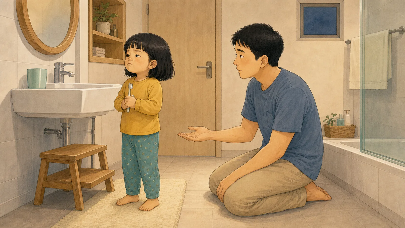 칫솔만 보면 입을 다무는 아이와 양치하는 밤 내용을 보여주는 따뜻한 가족 일러스트