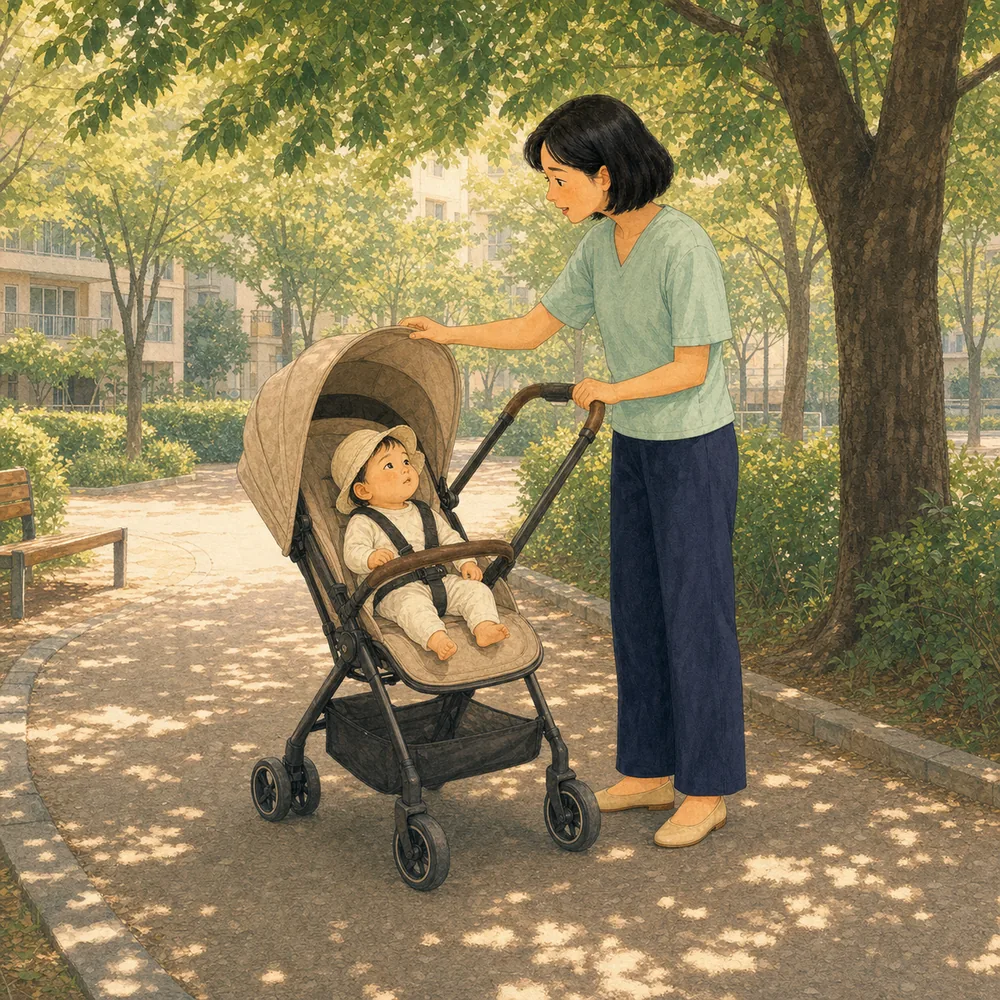 6개월 전 아기는 그늘과 옷이 먼저. 나무 그늘 아래 열린 유모차 차양과 얇은 긴 옷으로 아기를 보호하는 장면