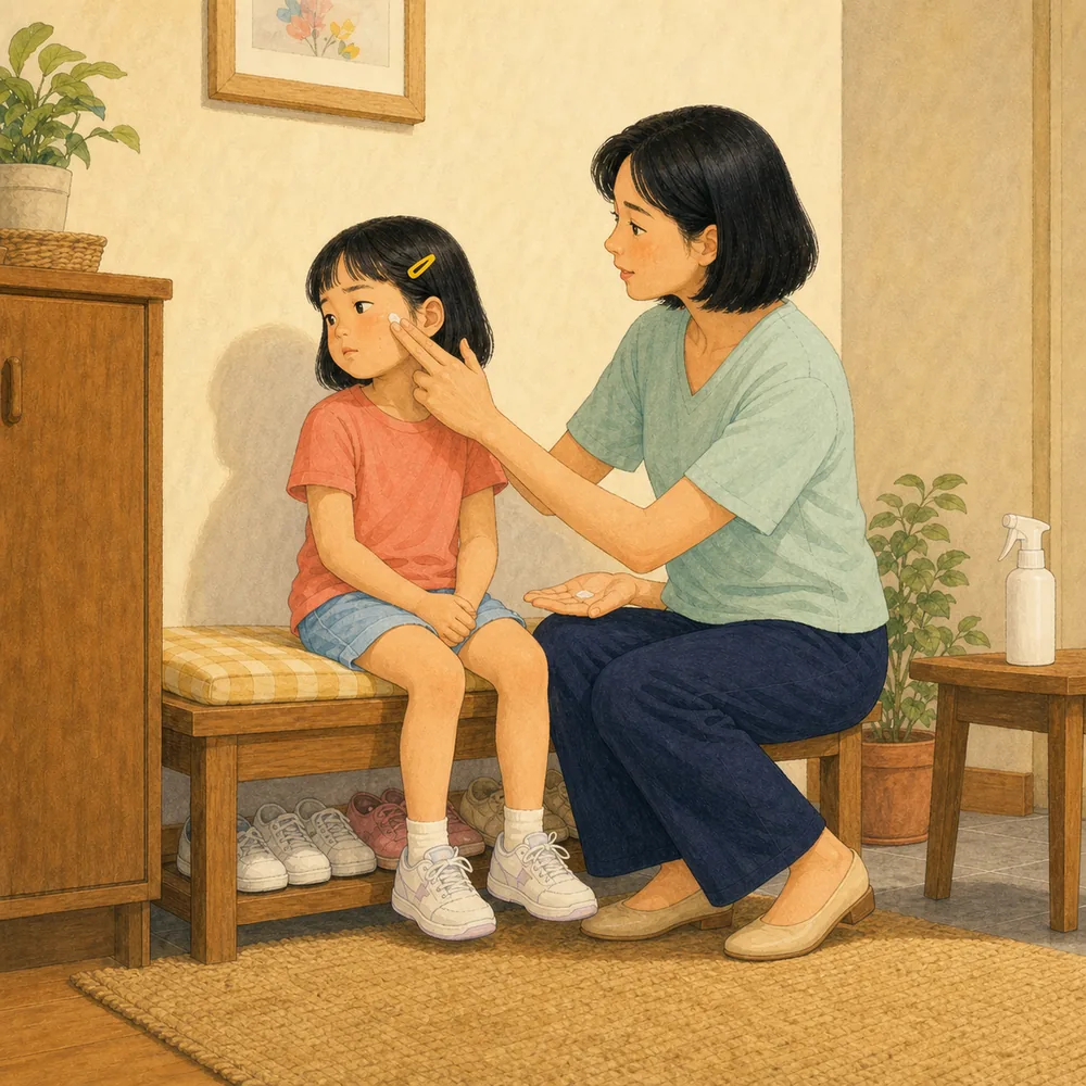 외출 15분 전 얼굴에는 부모 손으로. 엄마가 손에 덜어 아이의 뺨과 귀 주변에 바르는 장면