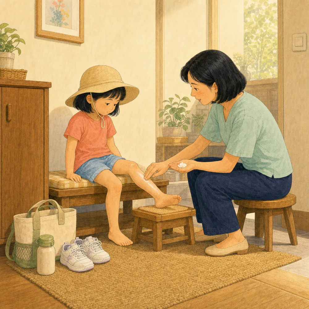 선크림은 신발 신기 전에. 신발을 신기 전 아이의 발등과 정강이에 엄마가 선크림을 바르는 장면