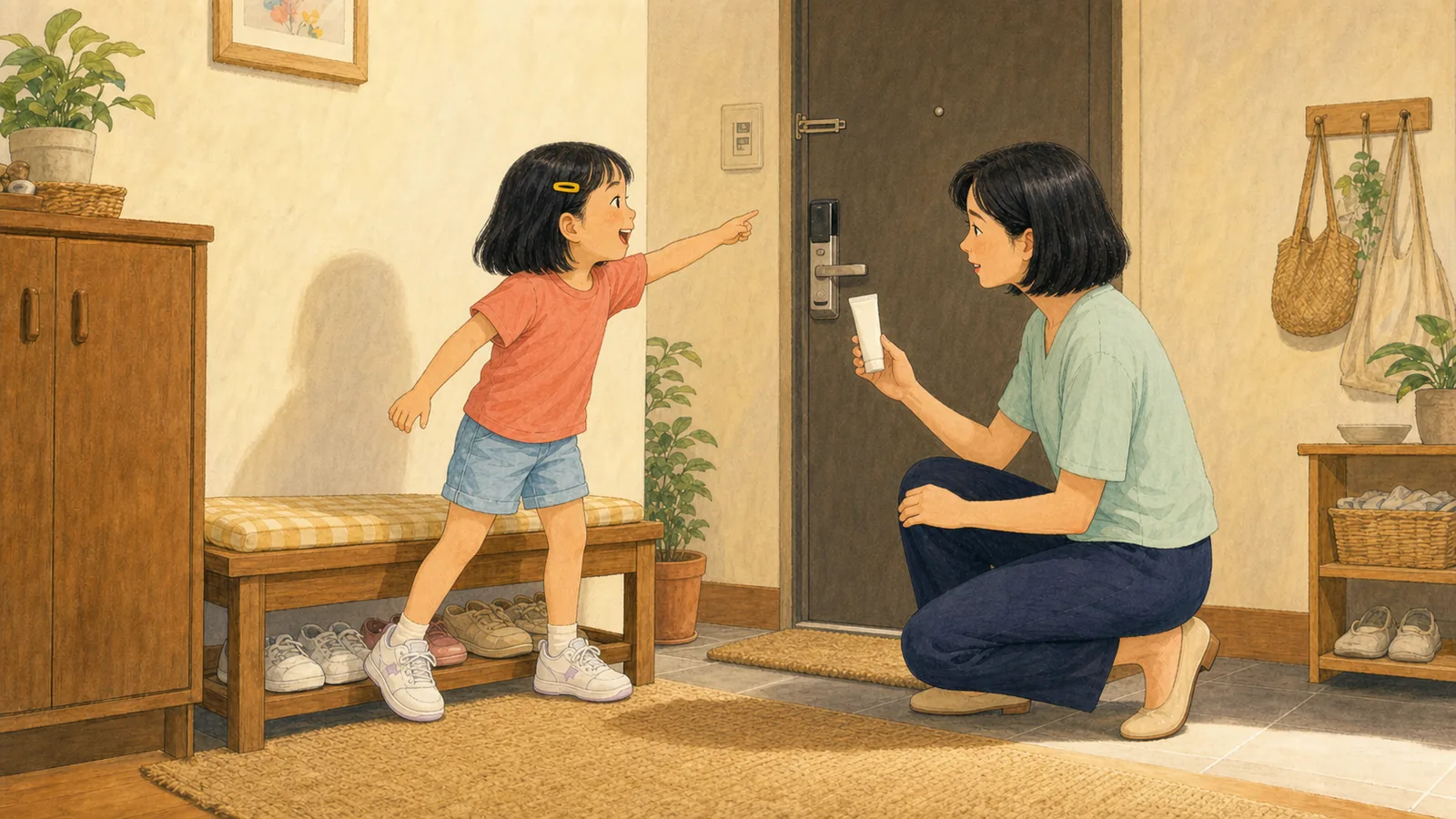 신발을 신은 아이가 닫힌 현관문을 가리키며 빨리 나가자고 재촉하고 엄마가 선크림을 든 장면