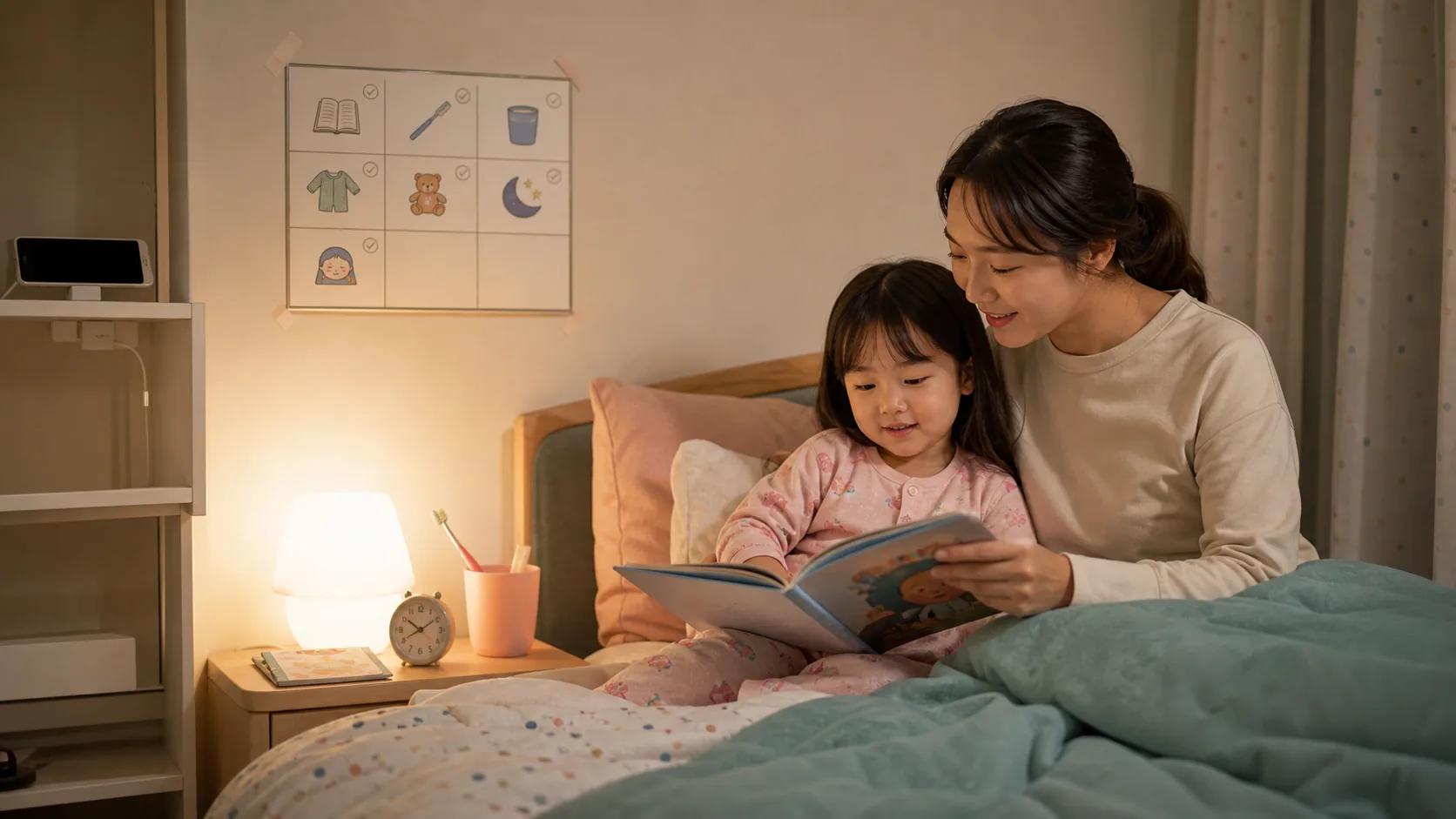 잠자리 전 부모와 아이가 책을 읽고 루틴표를 확인하는 따뜻한 저녁 장면