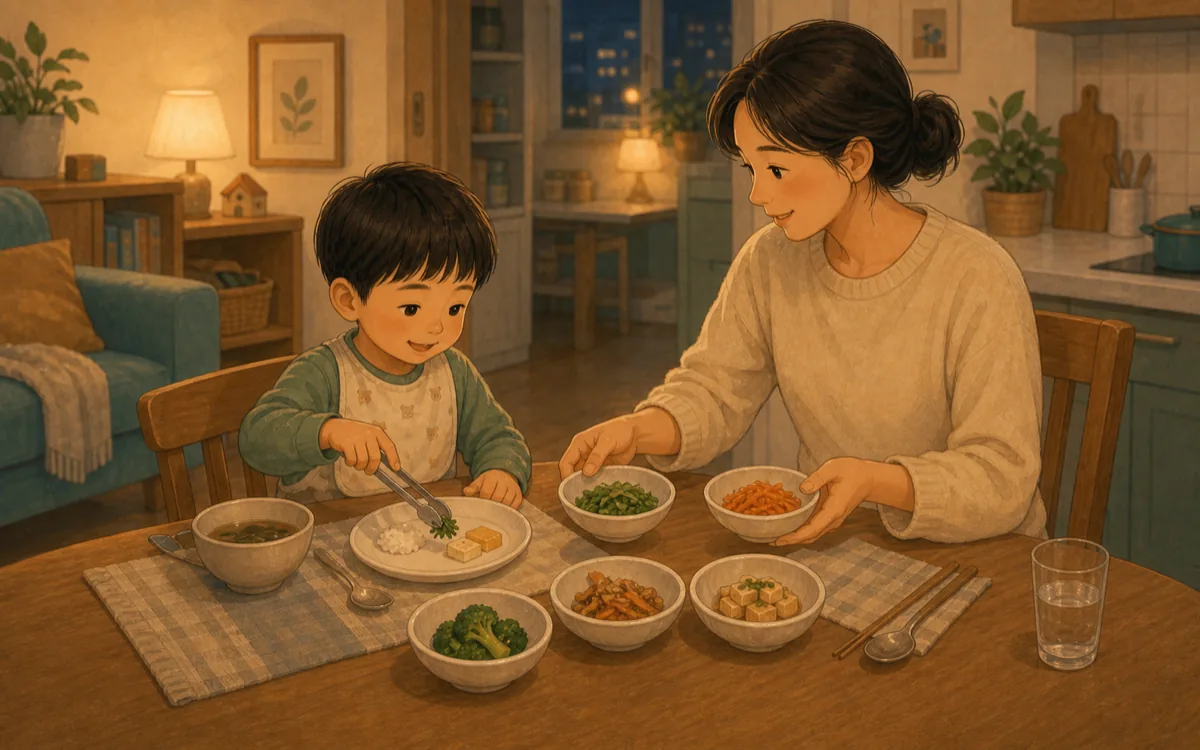 작은 반찬 선택지를 보여주는 장면