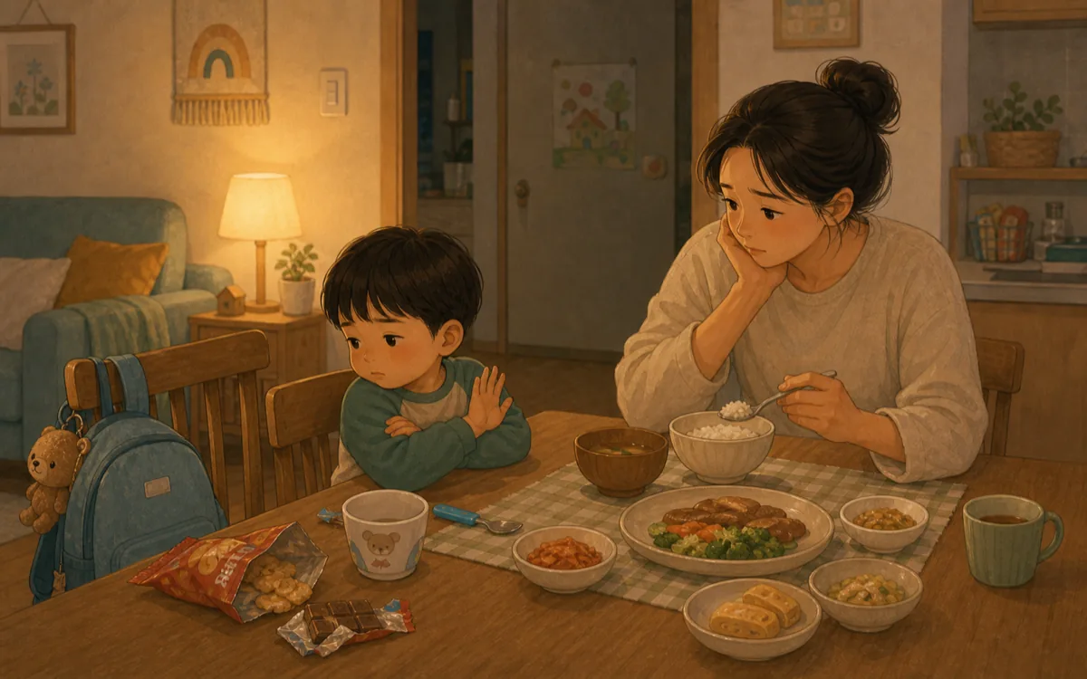 밥상 앞 실랑이가 시작되는 장면