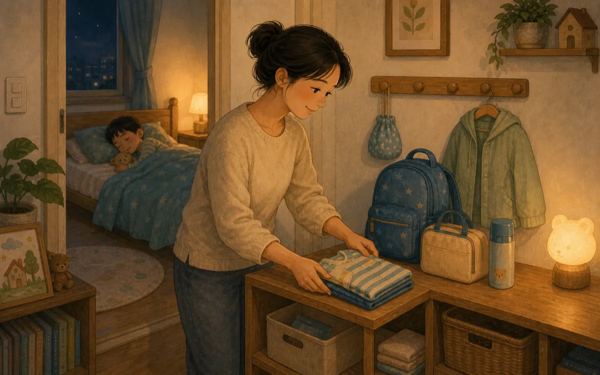 전날 밤 준비물을 챙기는 장면