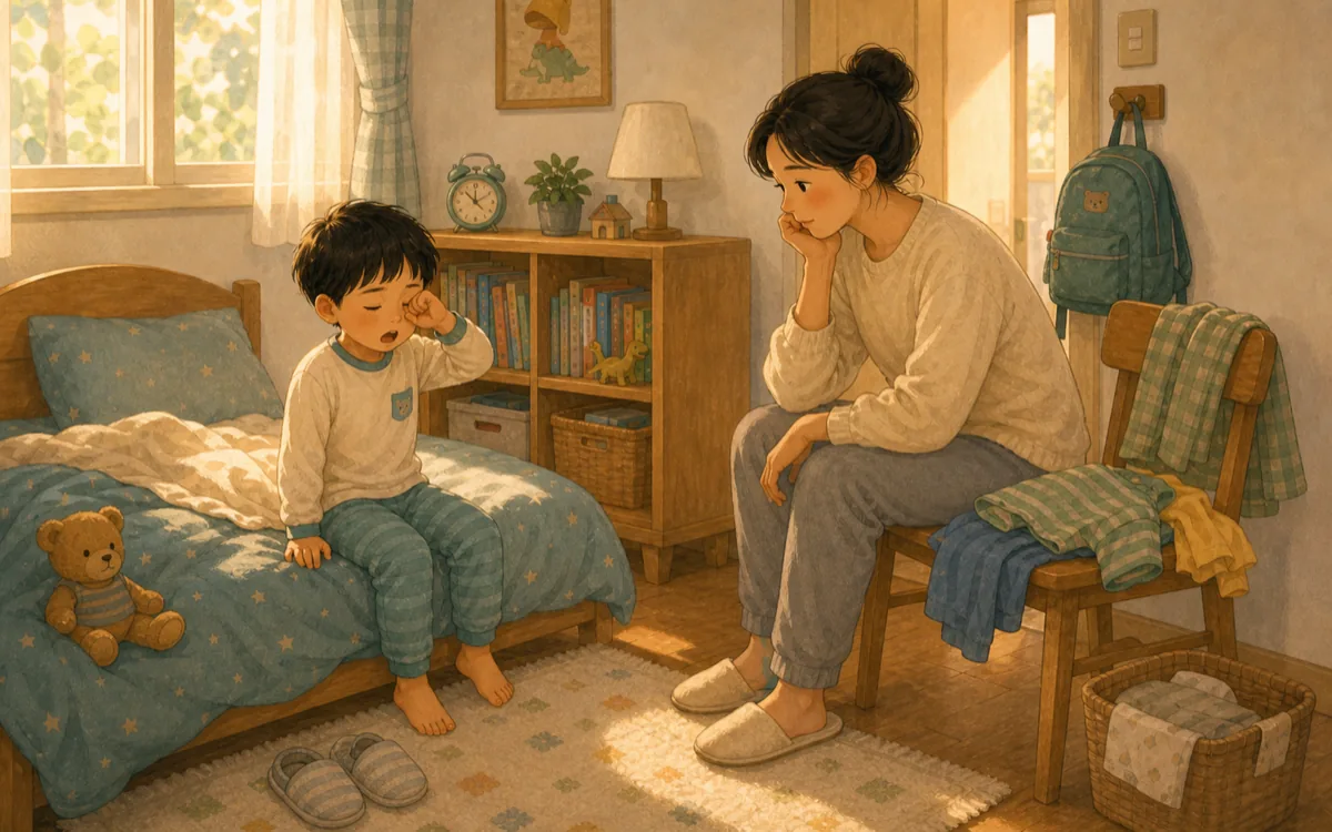 졸린 아침에 준비가 늦어지는 장면
