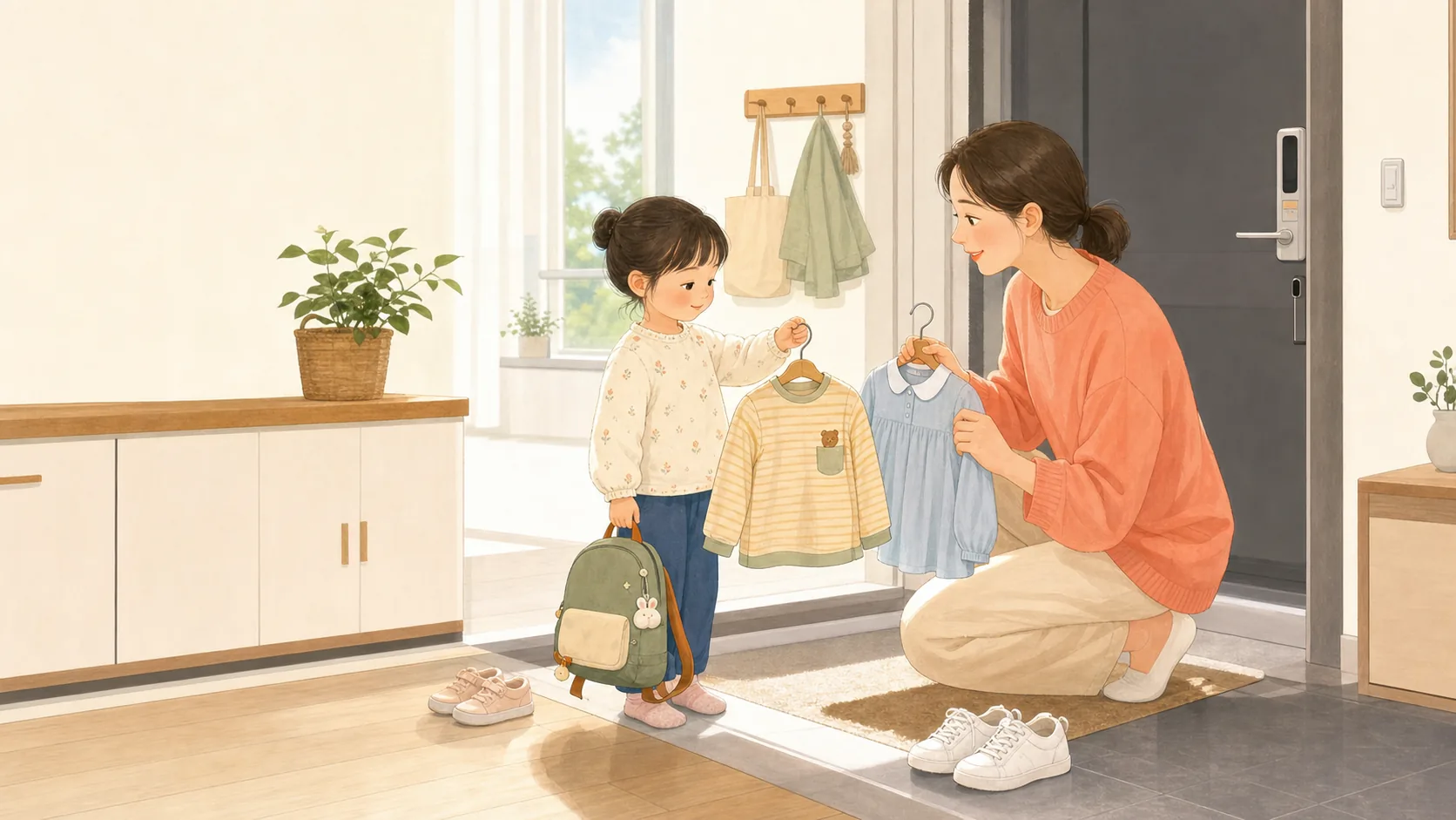 아침 현관에서 부모와 아이가 옷과 가방을 차분히 고르는 일러스트