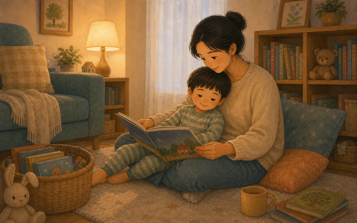 부모와 아이가 편하게 책을 보는 장면